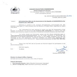 100 Scholarships Offered by the Government of the Republic of Kazakhstan for the Academic Year 2025-2026 